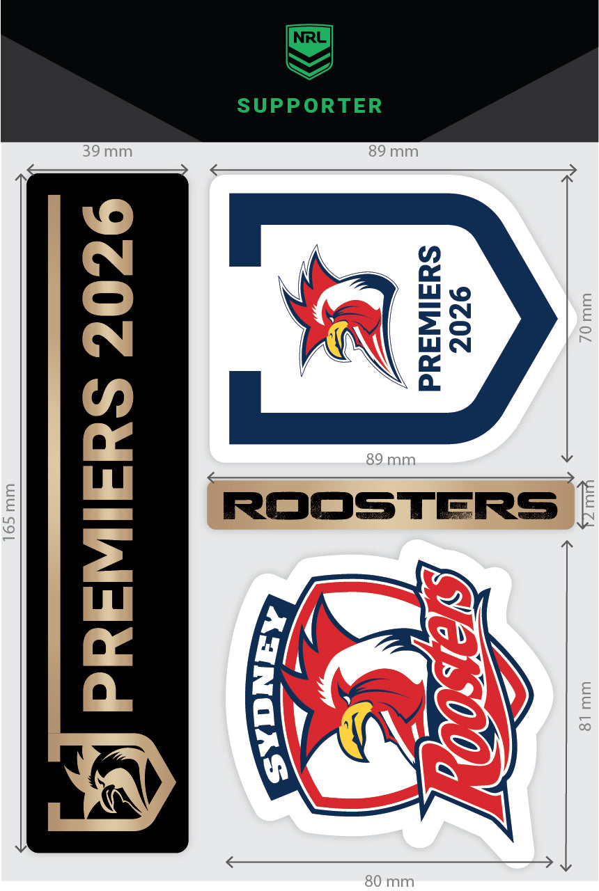 Official NRL Sydney Roosters 2026 Premiers Decal Sheet - Set of 4 - Stickers