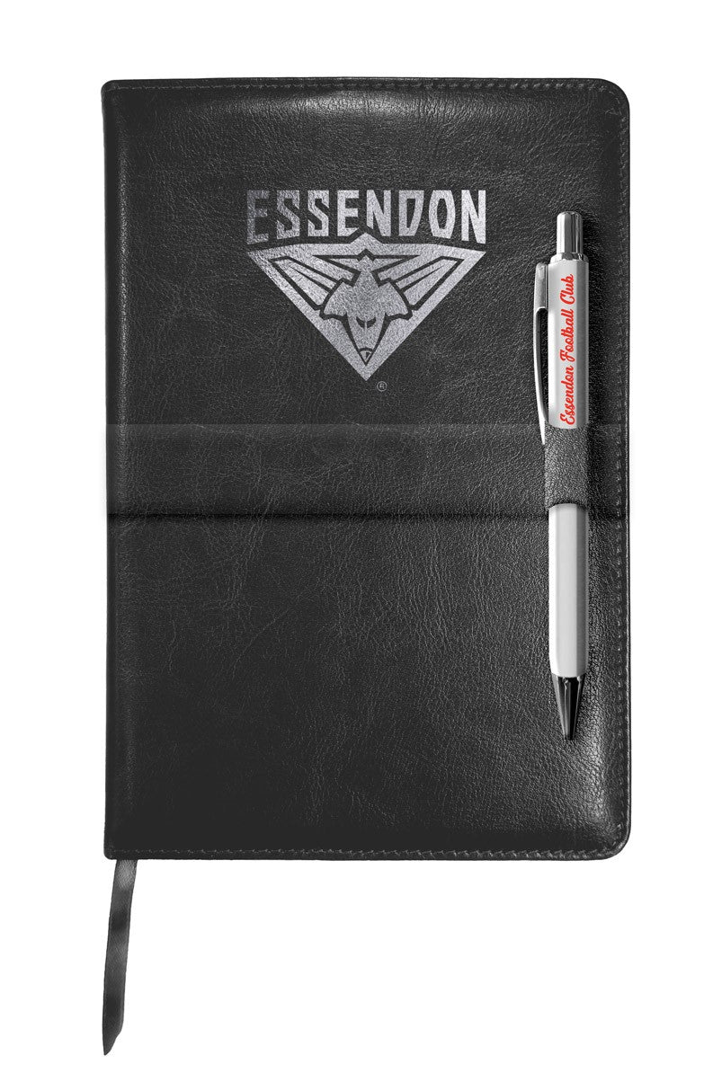 AFL Essendon Bombers Leather Notebook and Pen with 140 Lined Pages
