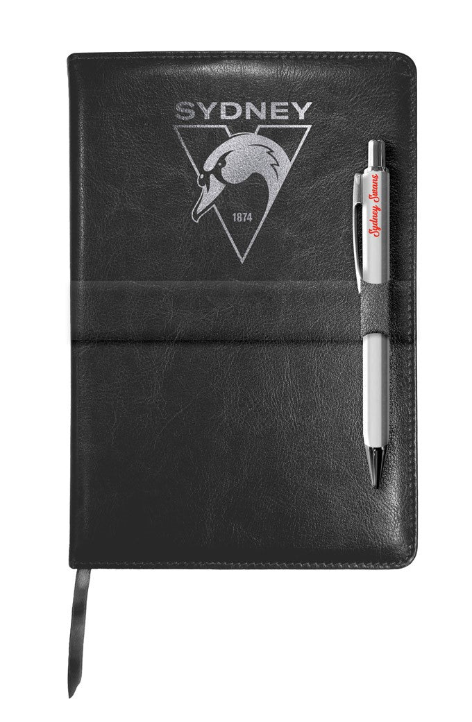 AFL Sydney Swans Leather Notebook and Pen with 140 Lined Pages