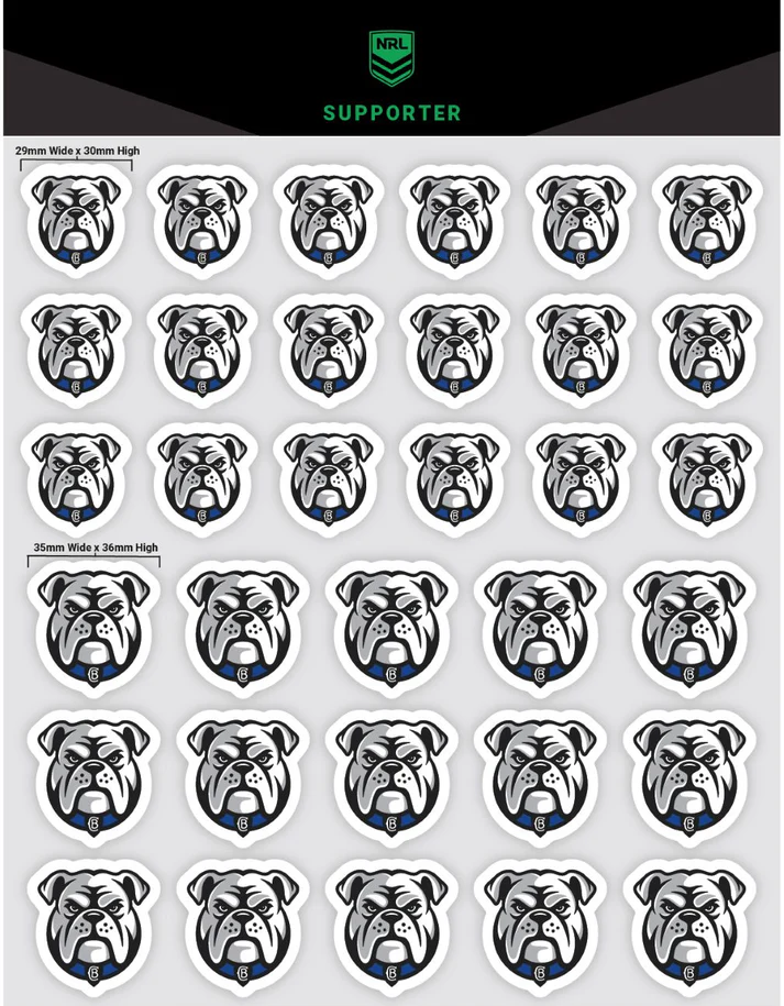 NRL Canterbury Bulldogs Decals A4 Sheet - 36 Decals - Outdoor Indoor Stickers
