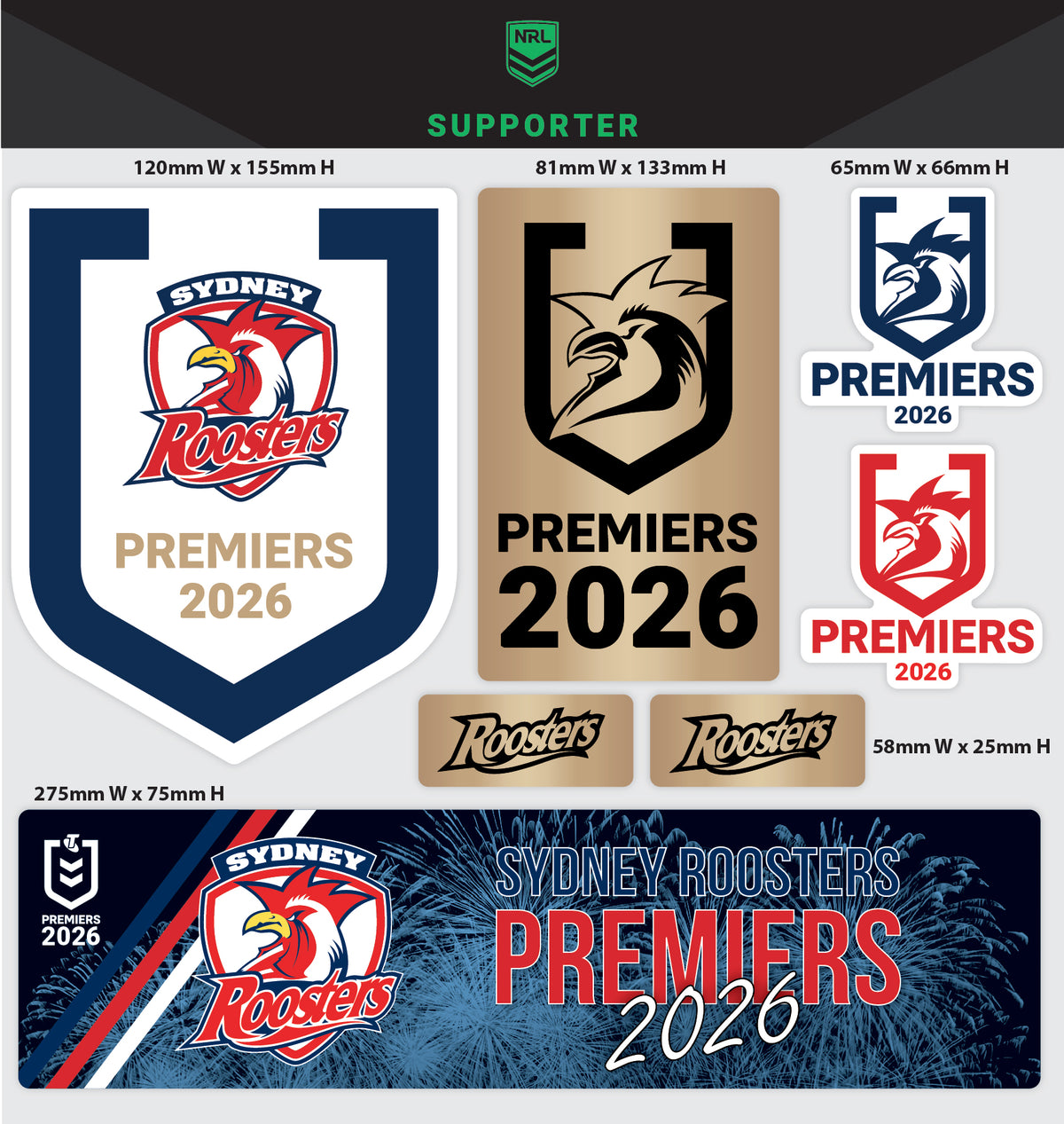 Official NRL Sydney Roosters 2026 Premiers Giant Decals Sheet - Stickers