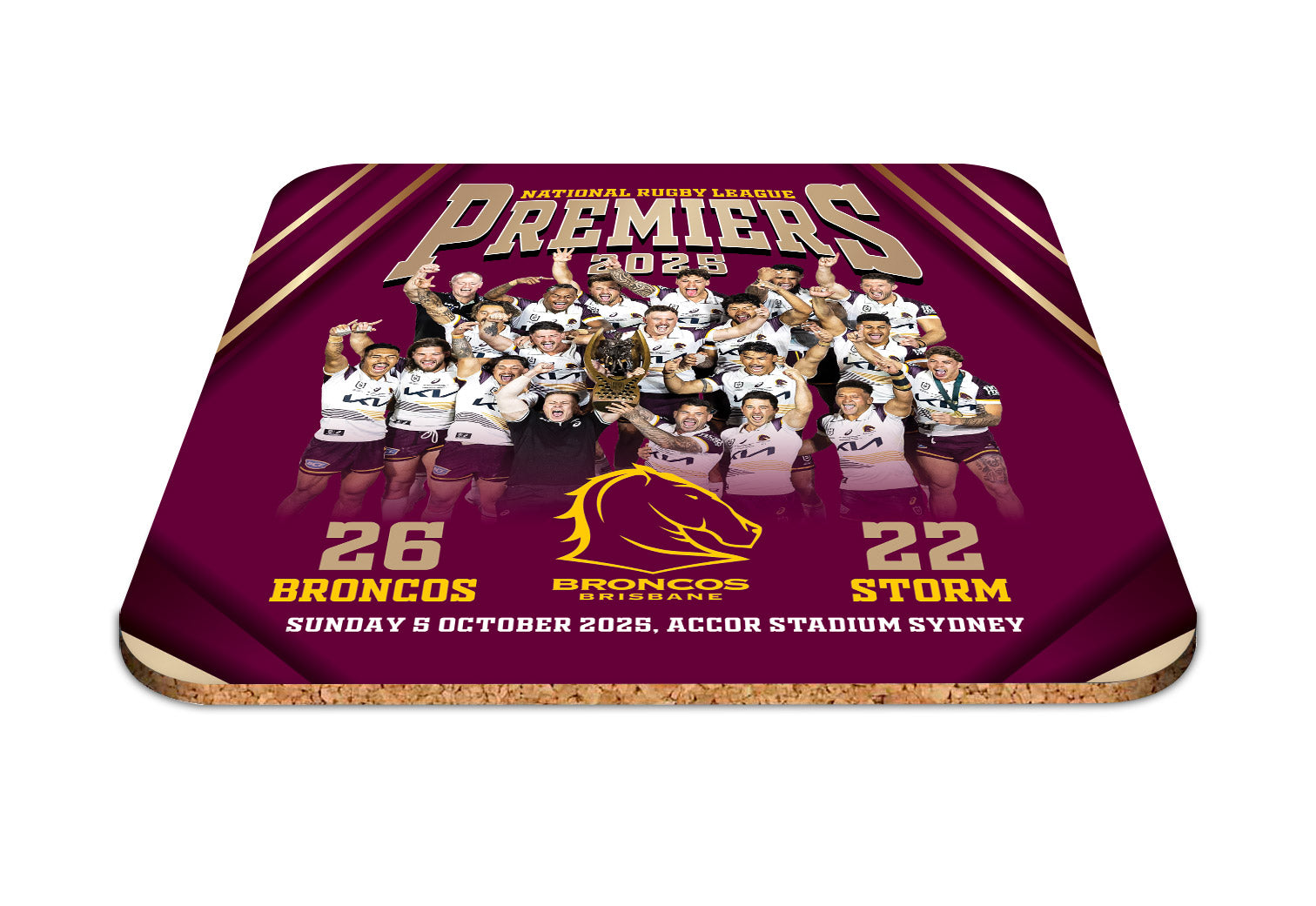 NRL 2025 Premiers Brisbane Broncos Coasters (Set of 4) - 9cm x 9cm x 0.4cm thick